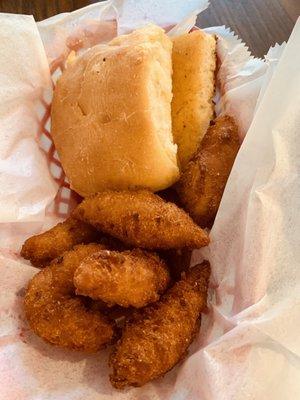 Really good puppies, corn bread and a biscuit.