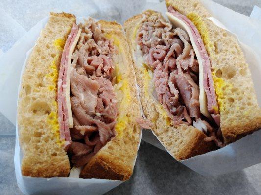 "Gracie" roast beef with swiss and salami, mustard