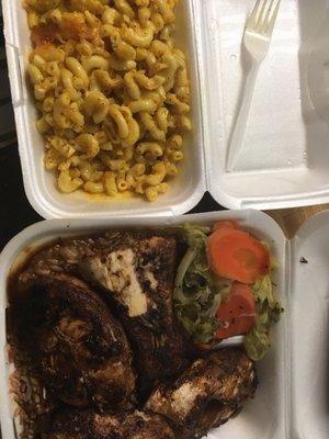 Jerk Catfish, Steamed Cabbage, Rice and Beans, and Baked Mac and Cheese.