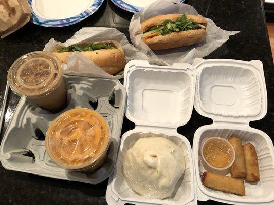 Vietnamese Iced Coffee, Thai Iced Tea, Steamed Pork Bun, A1. Fried Spring Rolls, Pork Banh Mi