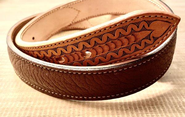 Men's custom hand stamped belt with bison inlay