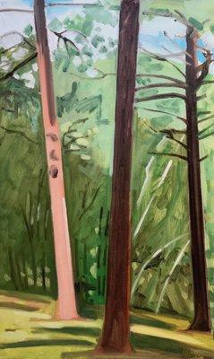 Lois Dodd  OLD PINE TREE CEMETARY-WEST LEBANON, NH  1979  oil on panel  20 x 12 inches.