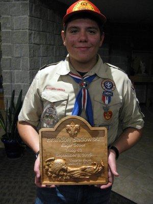 Custom Eagle Scout Award Plaque - Made of solid Cherry. Measures 12" long x 12" high x 3/4" thick.