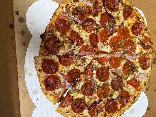 Pepperoni, onion and Sausage pizza.