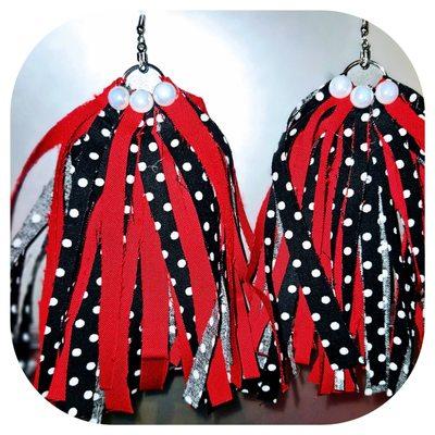 BLACK POLKA-DOT & RED MATERIAL EARRINGS $16+ tax SHIPPING IS AVAILABLE