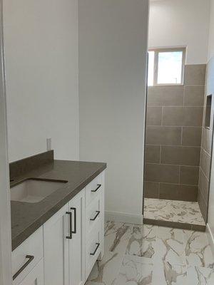 Quartz again...see how perfect it matches the new walk-in shower tile...perfection!