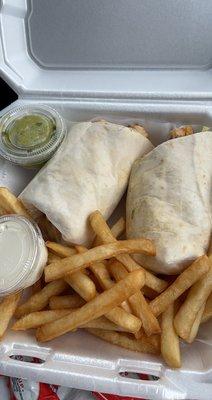 Chicken burrito, comes with fries, guac & sour cream