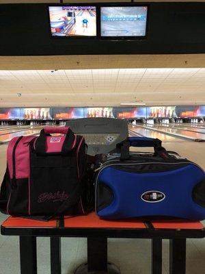 The bags we bought. Pink one has enough room to hold my ball & my shoes, blue one holds 2 balls & shoes! Both very roomy.