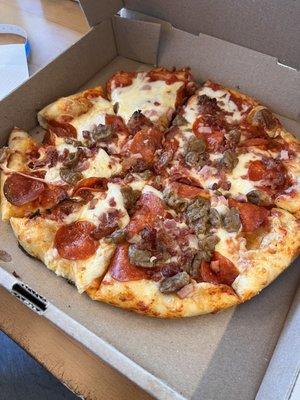 12" Meat lovers pizza! The perfect size to split.