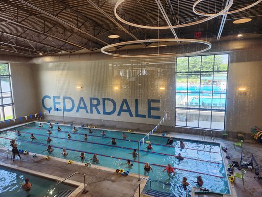 Our beautiful sunlit aquatic area with lap pool, warm water pool and hot tub