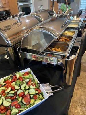 Mac n cheese, mashed potatoes, salad, chicken