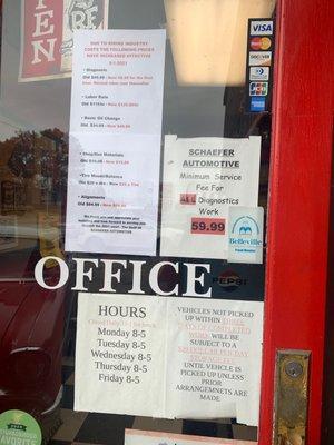 Business hours and price changes