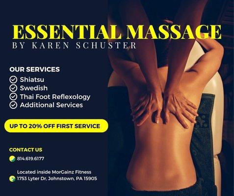 Call or text 8146196177 to redeem the discount for your first visit for a Massage or to purchase a Gift Certificate at the discounted price