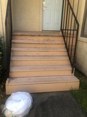 Front stairs. Dirty bag left behind, mold on stairs