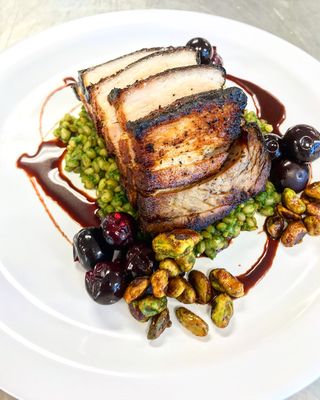 Wine Braised Pork Belly | Herbed Local Wheat Berries | Pickled Concord Grapes | Spiced Pistachios