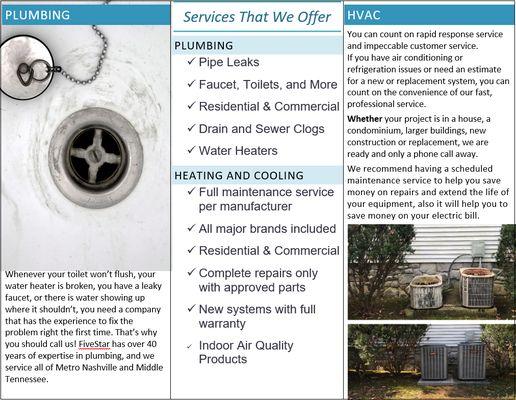 Services that we offer to our Middle TN Residents. Plumbing & HVAC. Call now to schedule an appointment 615-382-8131