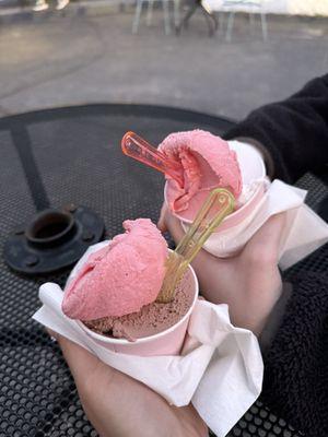 Strawberry sorbet with chocolate (left) and strawberry sorbet with lemon ginger sorbet (right)