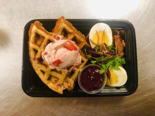 Keto waffles, strawberries and cream, blackberry compote