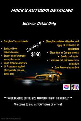 SPECIAL OFFER! Ends April 31st, 2024

Interior Detail Only!!!