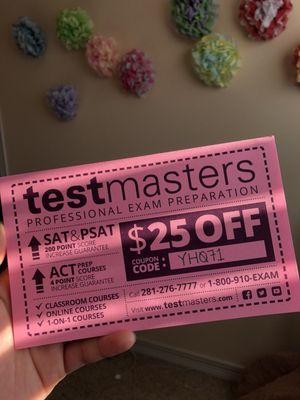 TestMasters is an awesome class and taught me many tips and strategies to succeed. Use this code: YH071 to receive $25 DOLLARS OFF!