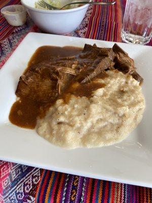 Roast with mashed potatoes.  The roast was tender with a great savory gravy!