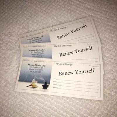 Gift certificates can be purchased at the studio or online.  If purchased online they can be personalized and you can print them at home.