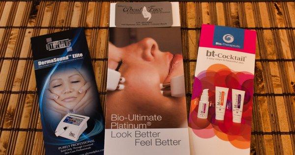 Brochures explaining treatments, like DermaSound Elite and Micro Current