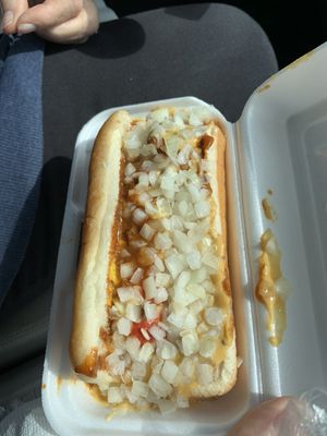 Chili cheese dog with onions