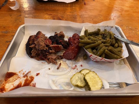 Brisket, sausage and green beans.