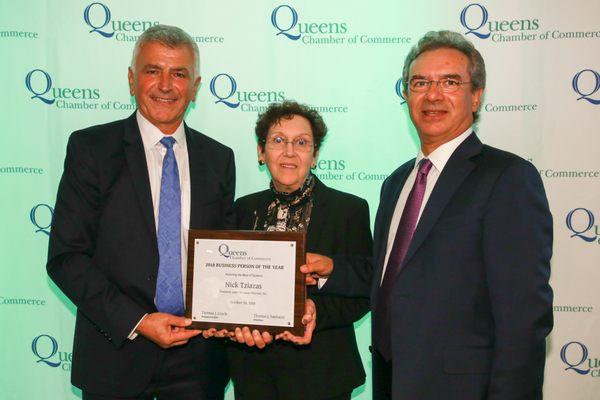 Business Person of the Year. From left to right: Nicos Tziazas (President), Edith O'donnell (CEO), George Sophocleous (President)