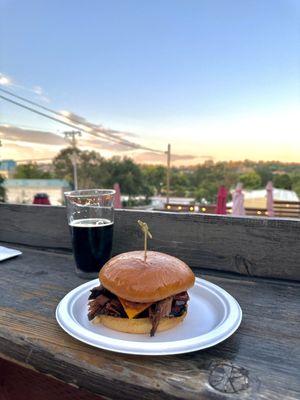 Smoked brisket sandwich and in house brewed beer!