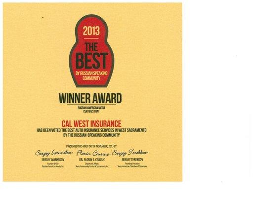 2013 Best Insurance Agency from the Russian Speaking Community in Sacramento