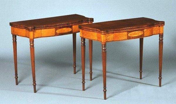 Striking pair of veneered card tables made in Portsmouth, NH circa 1810.