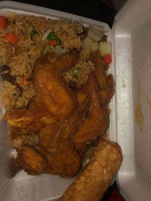 Chicken wings , beef fried rice and egg rolls