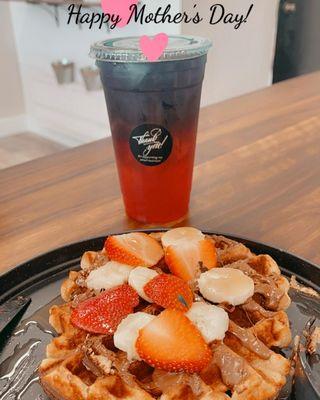 Captain America Tea and Banana|Caramel Protein waffles, with Nutella, strawberries, bananas and caramel drizzle.