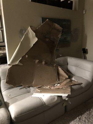 My roof and ceiling fell in on my new white sofa.