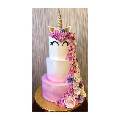 UNICORN THEMED TIERED CAKE PINK AND GOLD