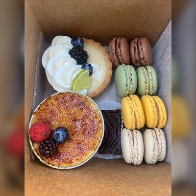 Crème brûlée, Key Lime Pie, Chocolate Brownie, and macaroons