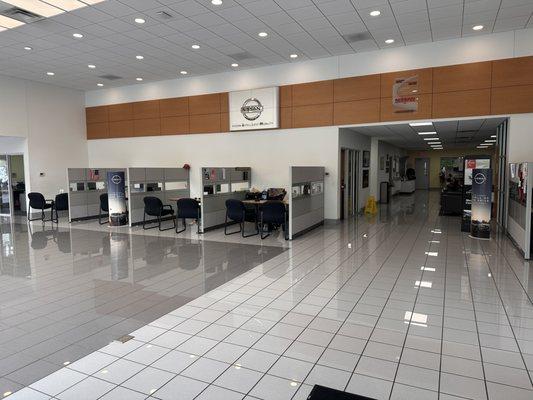 Inside Nissan showroom from front entrance