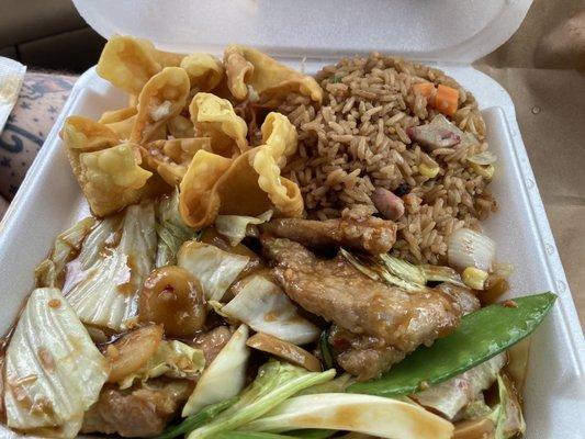 Double pork with crab Rangoons and rice.