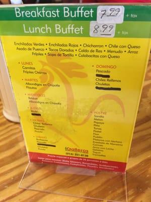 Lunch buffet menu