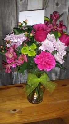 Mixed pink,green, lavender vase bouquet