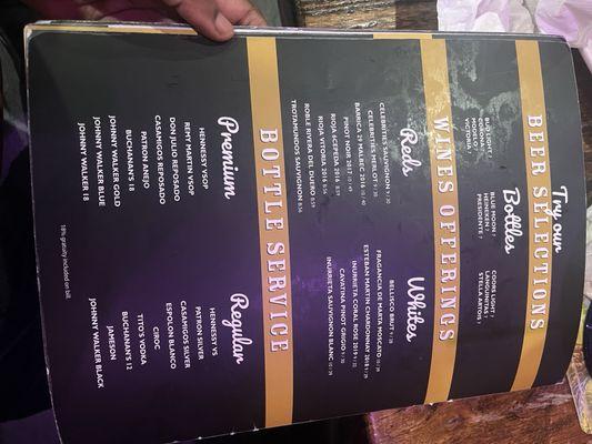 Beer/wine and bottle service menu