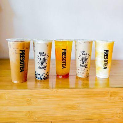 Vietnamese Coffee (L), Pearl Milk Tea, Signature Fruit Tea, Wintermelon & Hojicha Milk Tea, Mango Cloud