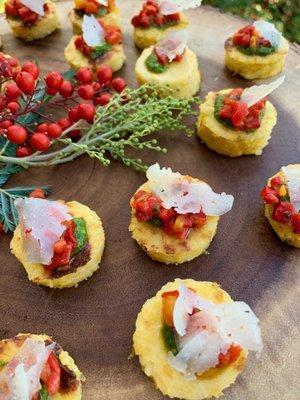 Crispy Polenta Bites with Arugula Basil Pesto & Roasted Peppers