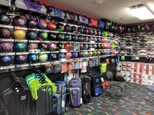 Wide selection of bowling balls, bags, shoes, and even apparel