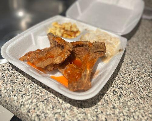 Pork chops, Mac & Cheese and White Rice and gravy