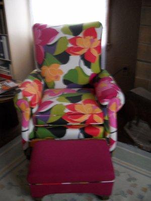 70 year old armchair and ottoman reupholstered by Front Porch Design. Notice attention to lining up patterns. Excellent work and fun owners.