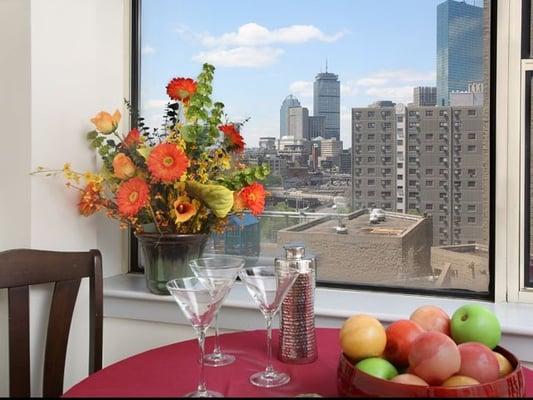 Large window with the view of Boston