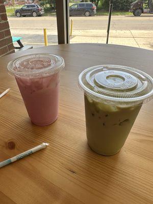 Matcha latte with pistachio Dragon fruit latte